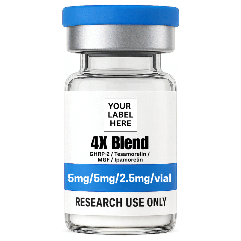 ChatGPT said: 4X Blend GHRP-2 (5mg) / Tesamorelin (5mg) / MGF (500mcg) / Ipamorelin (2.5mg) research peptide vial – YourPeptideBrand.com – for research use only