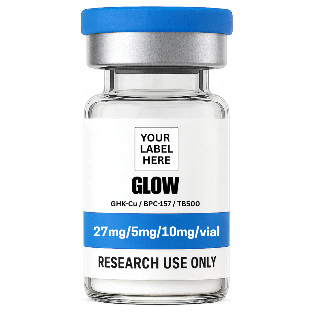 GLOW GHK-Cu (27mg) / BPC-157 (5mg) / TB-500 (10mg) research peptide vial – YourPeptideBrand.com – for research use only