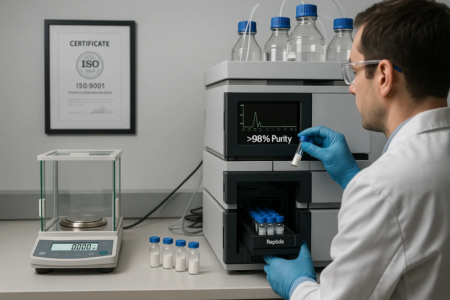 Chemist performing an HPLC run and reviewing a chromatogram