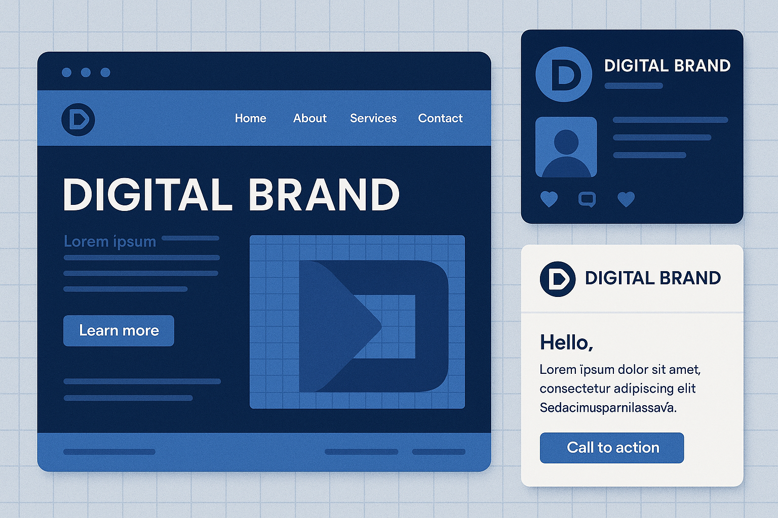 Brand dashboard mock‑up showing logo, colors, fonts, and icons