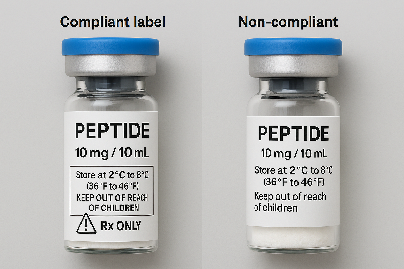 Side‑by‑side example of compliant and non‑compliant peptide labels