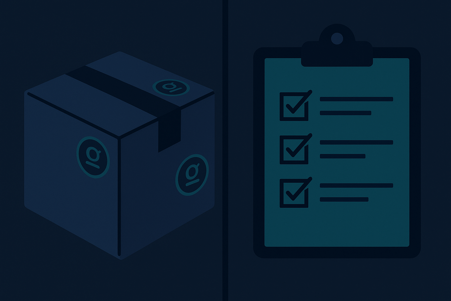 Split-screen illustration of a branded shipping box and a compliance checklist clipboard, describing a clean flat-vector editorial illustration in dark navy and teal palette.