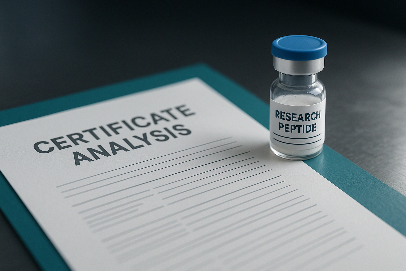 Close-up of a Certificate of Analysis document beside a research peptide vial on a lab bench