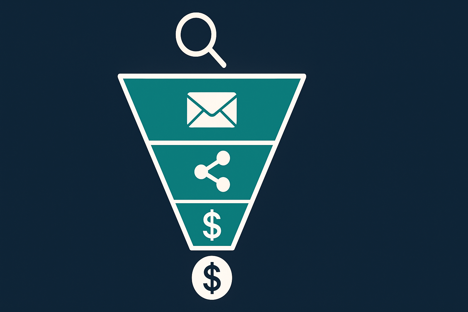 Marketing funnel with search, envelope, social media, and dollar icons flowing through segments on dark navy