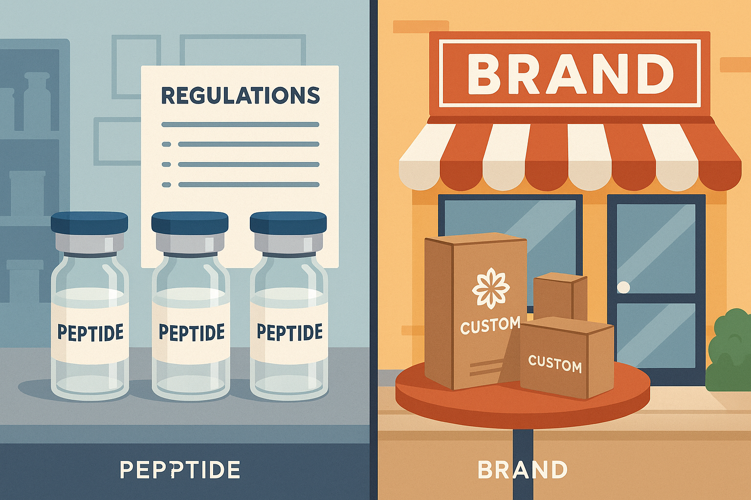 Split‑screen illustration of compliant versus creative peptide branding