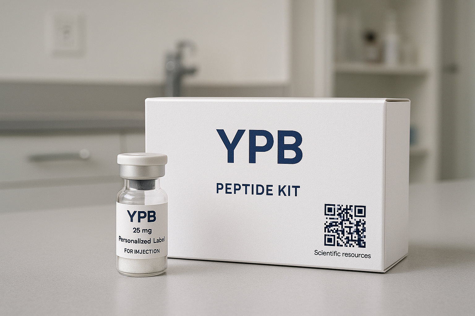 Premium white‑label peptide kit with YPB logo and QR code