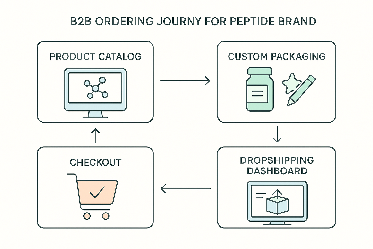 Flow diagram illustrating the B2B ordering journey from catalog browsing to dropshipping dashboard, highlighting micro‑interactions at each stage