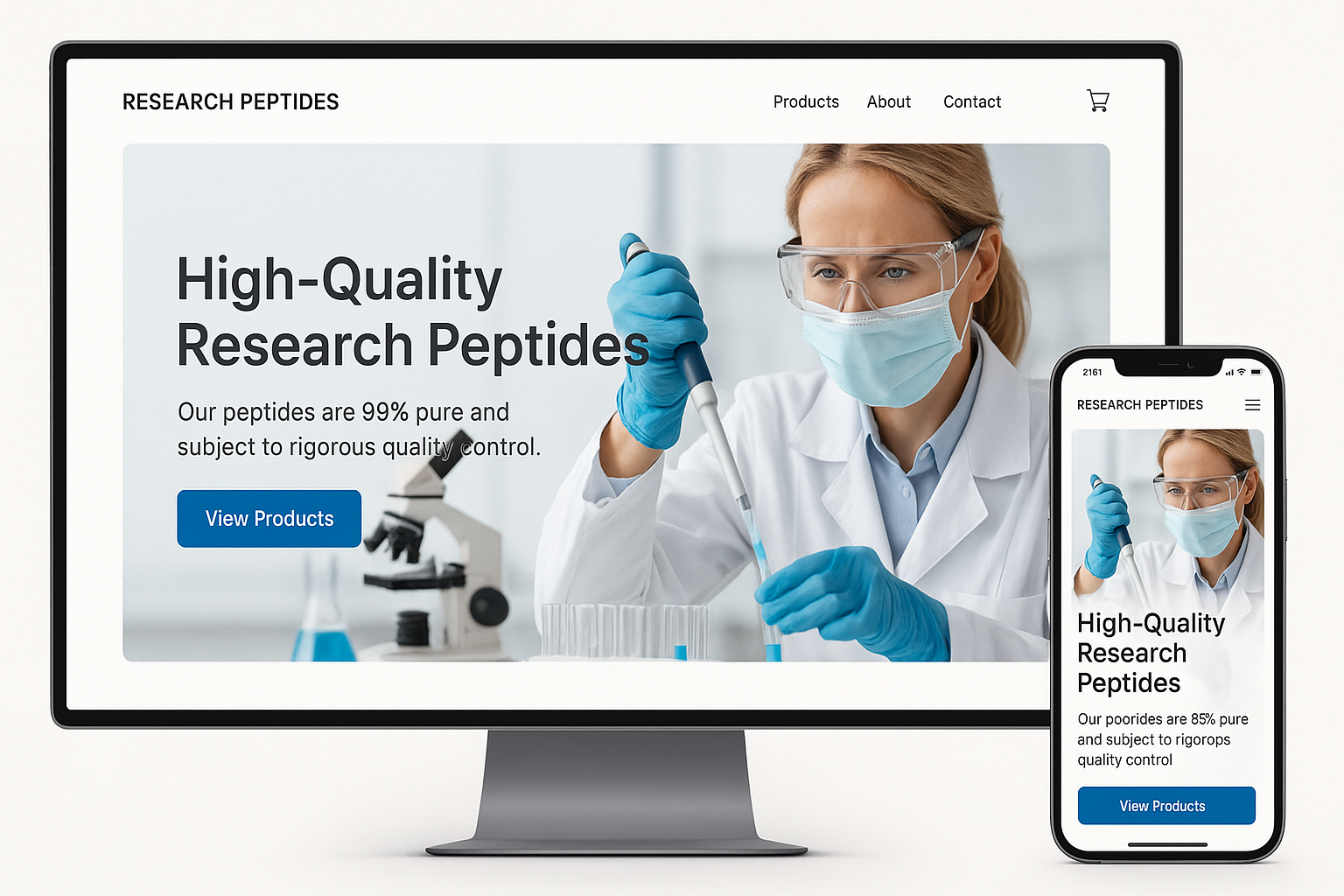Mockup of a peptide brand homepage showing hero banner, navigation, and footer layout