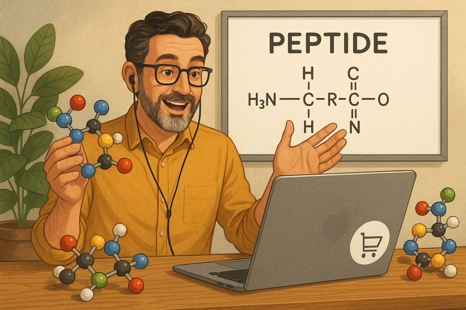 Scientific educator demonstrating peptide synthesis in a modern lab