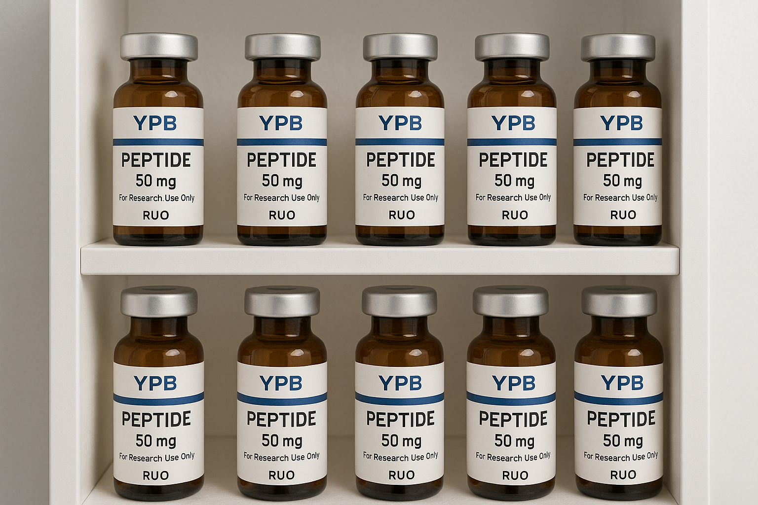 Standardized peptide bottles neatly arranged on a clinic shelf