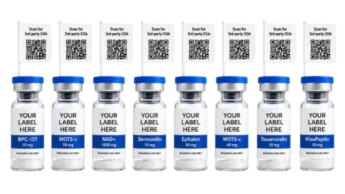 Customizable research peptide vials with your label and scan-to-3rd-party-COA flag tags — research use only