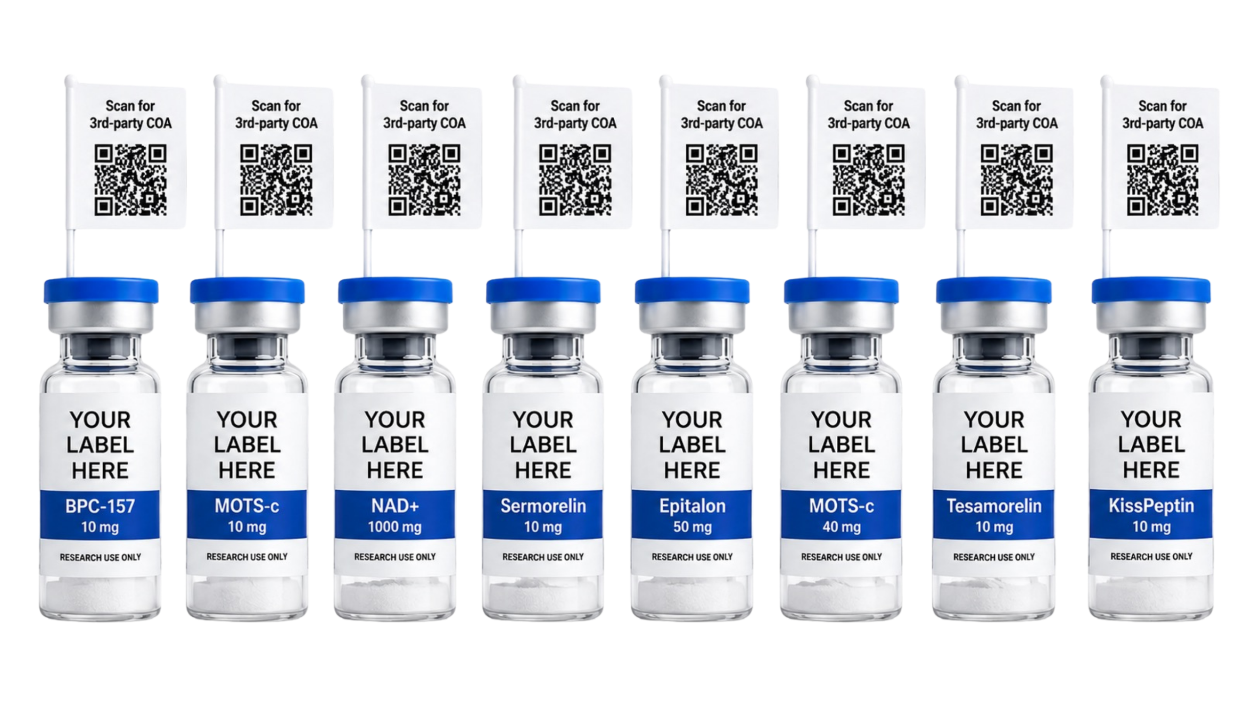Customizable research peptide vials with your label and scan-to-3rd-party-COA flag tags — research use only