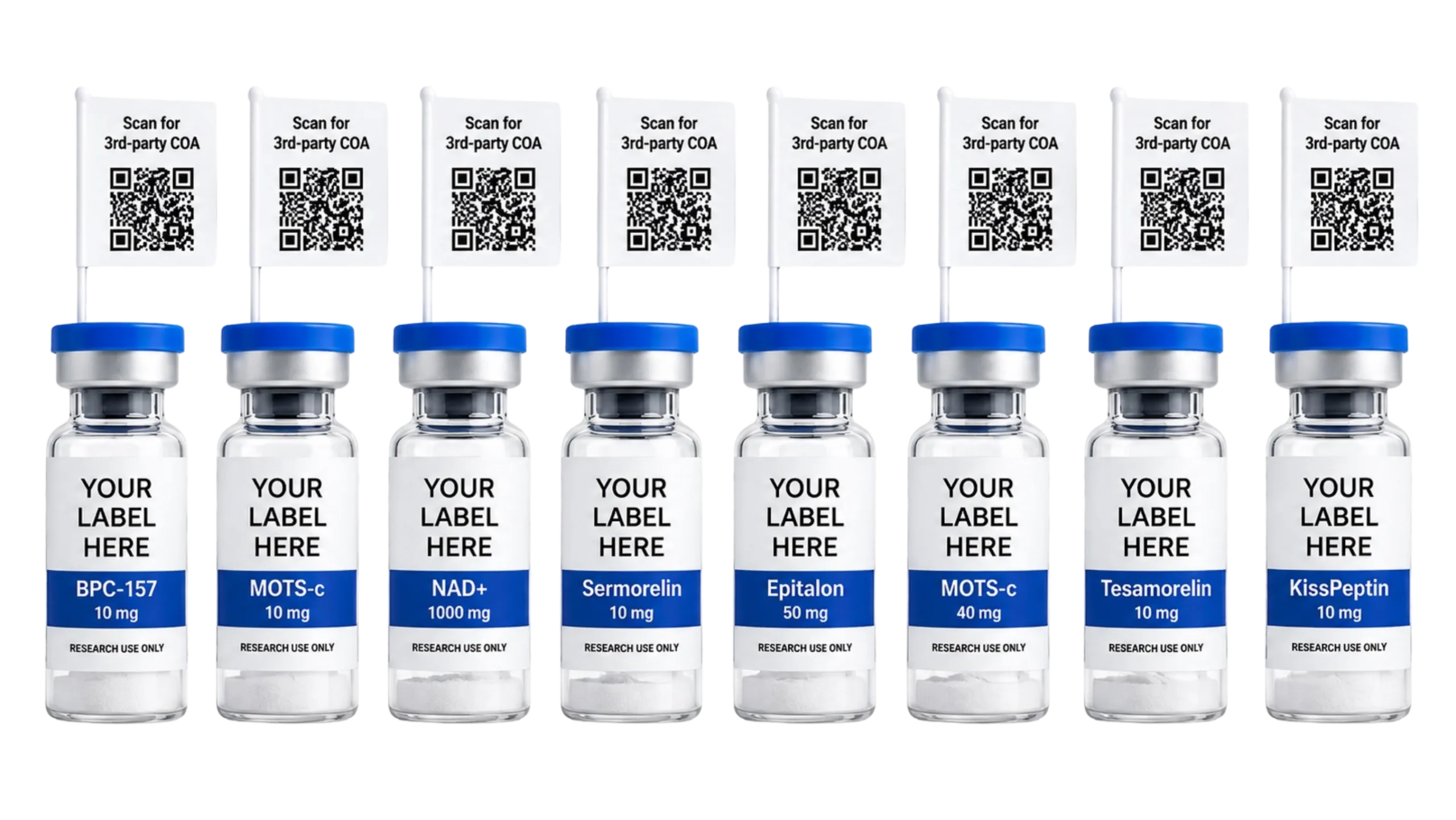 Customizable research peptide vials with your label and scan-to-3rd-party-COA flag tags — research use only