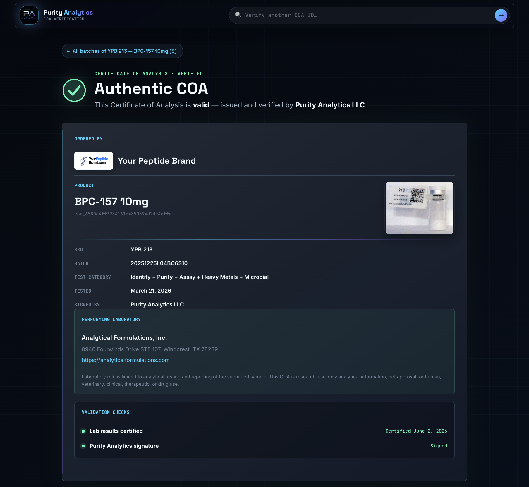 Purity Analytics verification page confirming an authentic Certificate of Analysis for BPC-157 10mg, batch 20251225L04BC6S10 — research use only