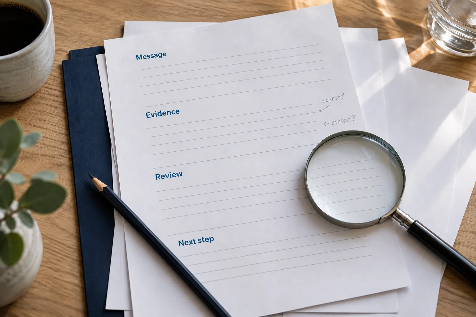 Marketing review worksheet, navy folder and pencil on a naturally lit wooden desk.